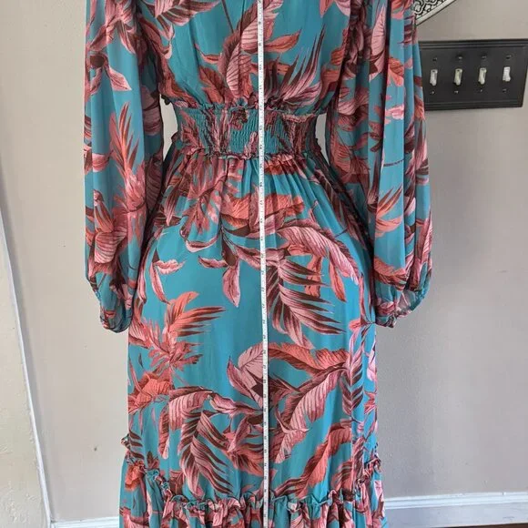 Bohme Maxi Tropical Aqua Print Knit Tiered Dress M - Picture 6 of 13